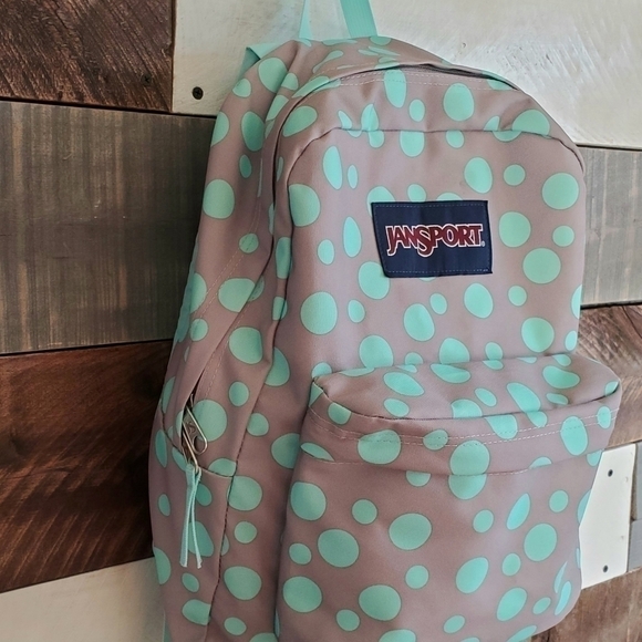 JANSPORT SuperBreak Light Teal Mint Green Gray Polka Dots Backpack - Picture 5 of 13